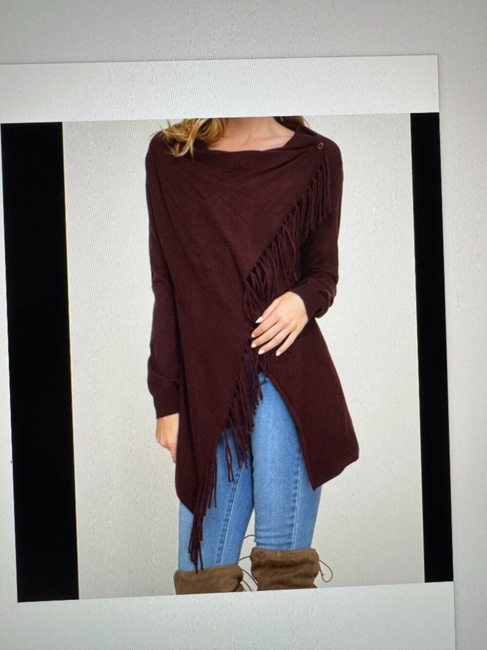She & Sky Fringed Cardigan Wrap, Brown/Maroon, Small